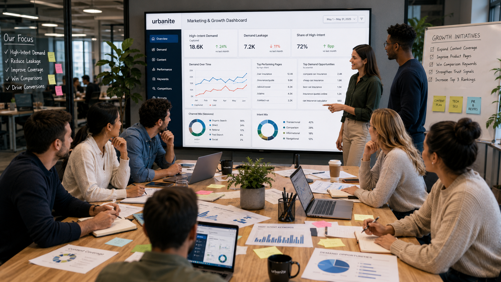 A marketing/growth team reviewing performance material.