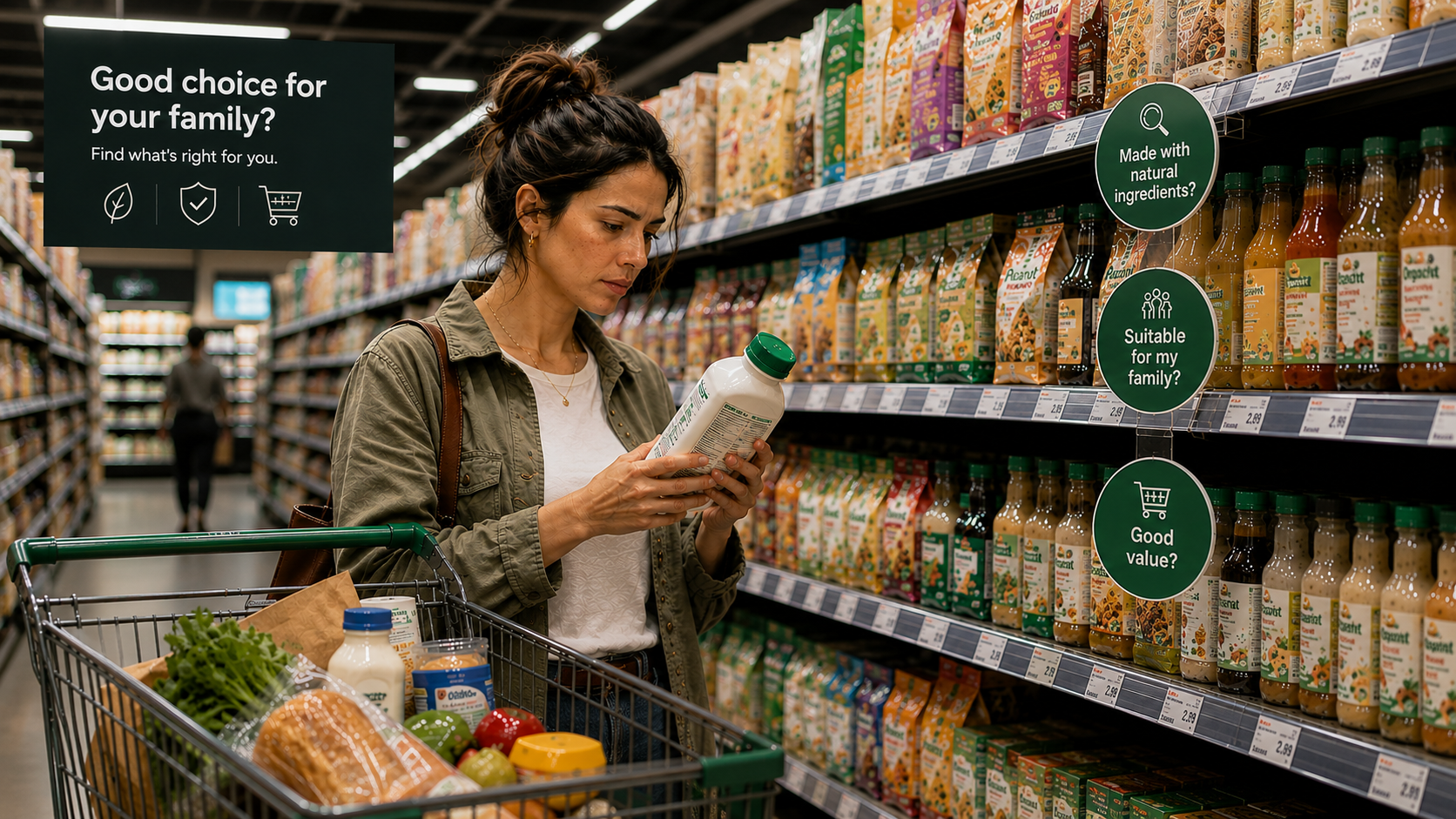 A shopper comparing products on a shelf.